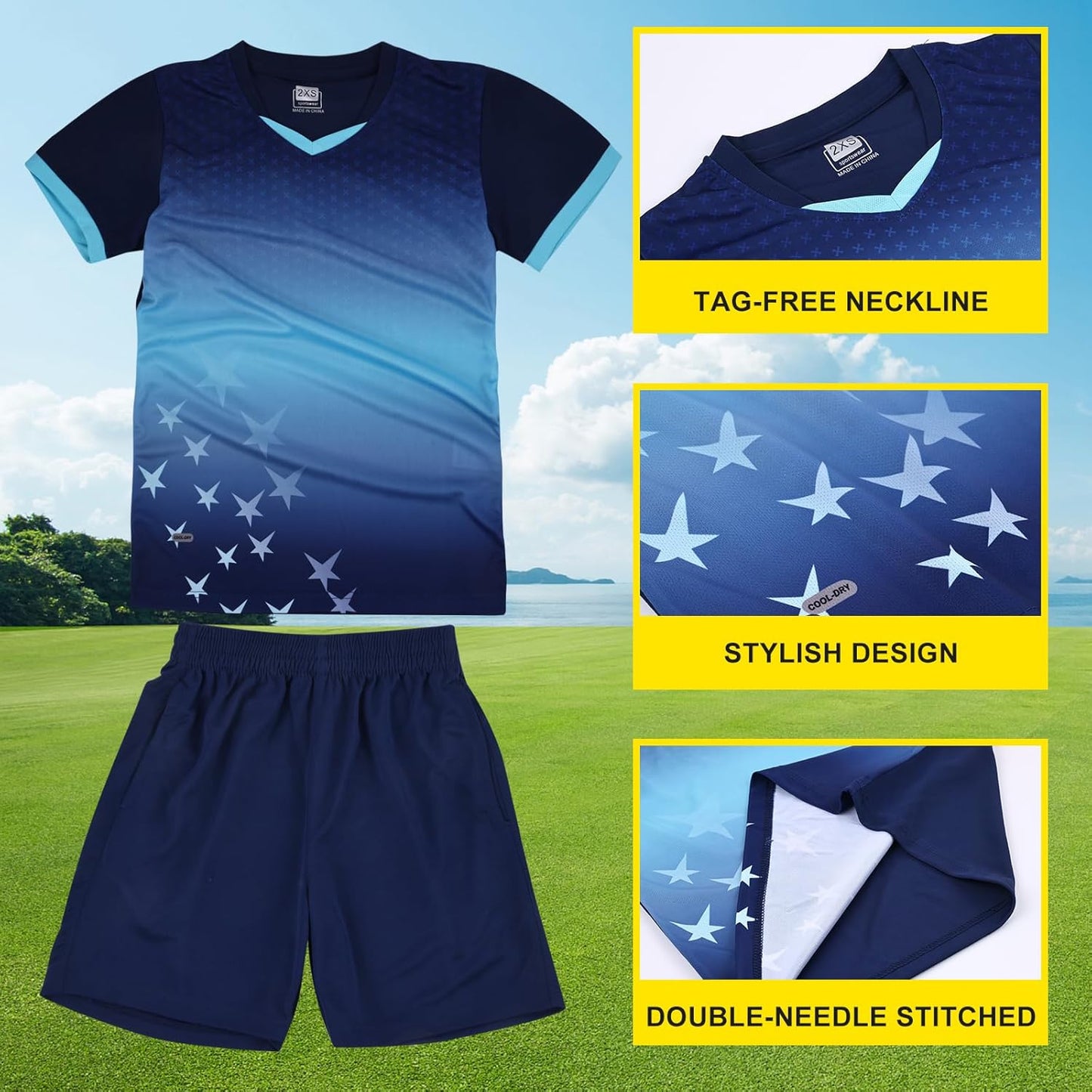 Kids Jersey Soccer Knit Set - 100% Polyester Quick Dry 1/4 Sleeve T-shirt, V-neck Gradient Mesh Soccer Set