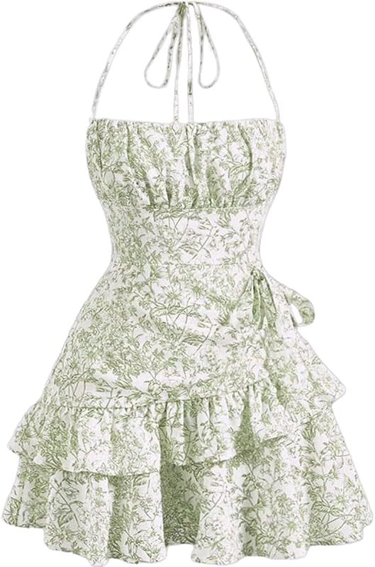 Narecte Summer Dresses for Women,Tie Halter Mini Dress,Floral Print Short Dress,Ruffle Trim Casual Dresses
