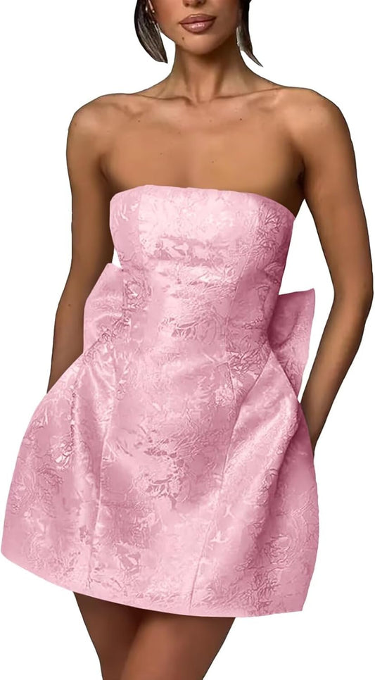 Xijun Short Jacquard Satin Homecoming Dresses for Teens Strapless Embroidery Mini Prom Cocktail Party Gown with Bow