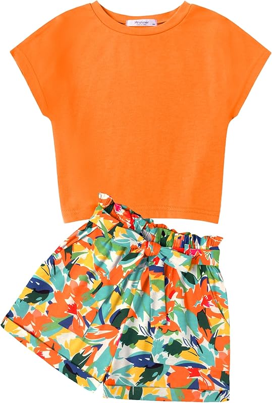 Arshiner Girls 2 Piece Outfit Summer Drop Shoulder Batwing Sleeve Tops and Paperbag Waist Shorts Set Cute Clothing Size 6-14