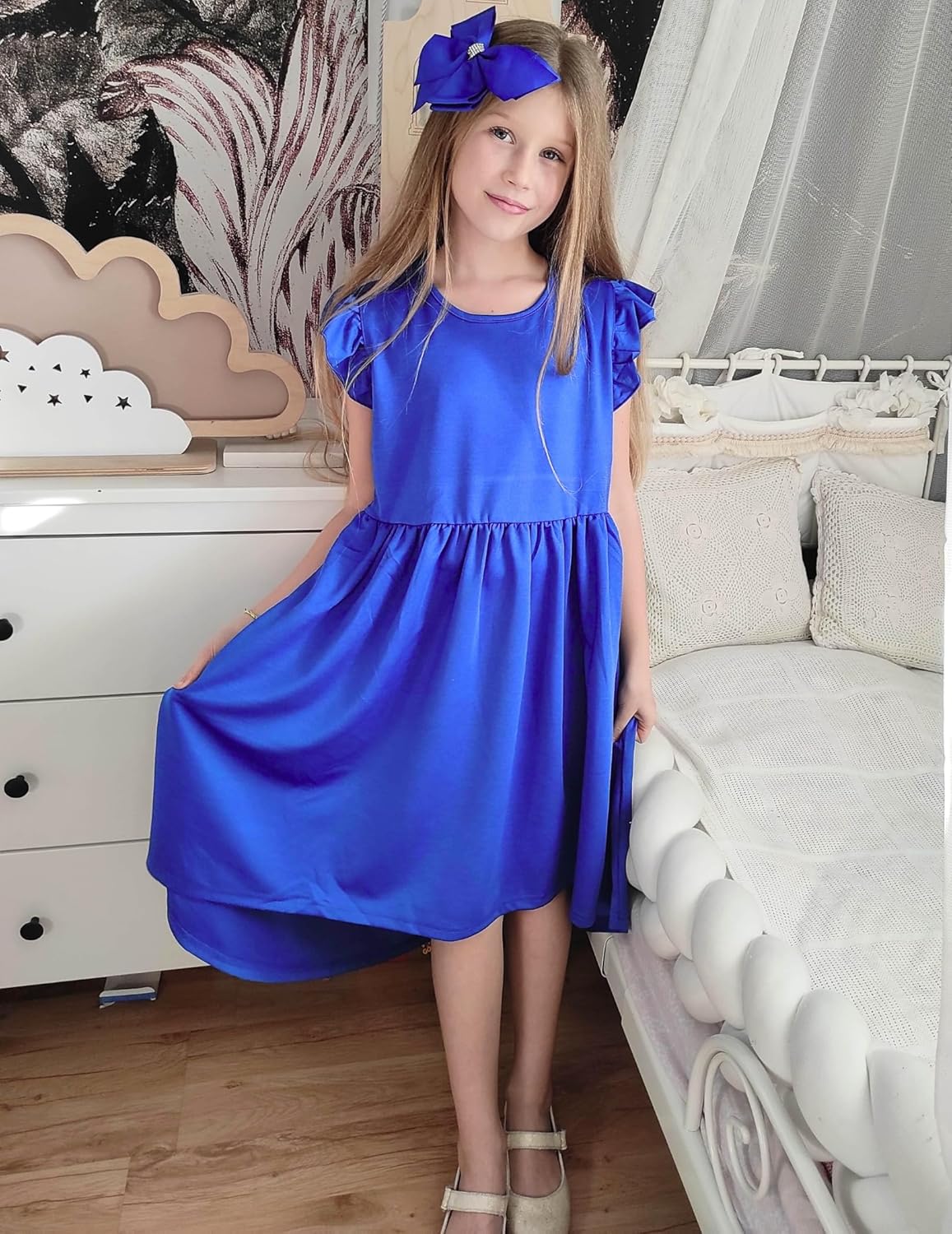 Arshiner Girls Summer Dress Tween Flutter Sleeve High Low Formal Dresses for Wedding Party with Pocket