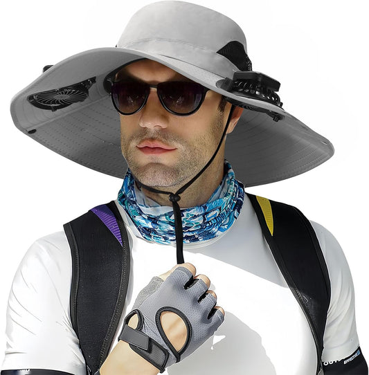 Outdoor Wide Brim Sun Hat with 2 Solar Fan - 2025 Sun Bucket Hat for Men Women, UPF 50+ Bucket Fishing Beach Hat Fan Built in