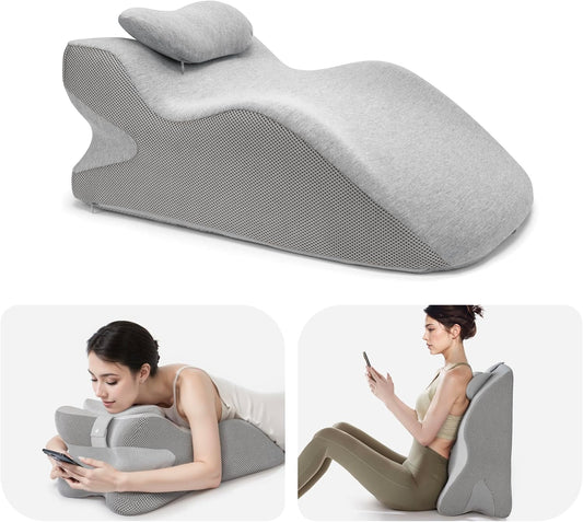 Daneey Reading Pillow for Bed Adult, Back Pillow for Bed Sitting Up, Back Support Pillow with Adjustable Headrest，Memory Foam Pillows for Abdomen, Lumbar, Back, Gray, 14.6 * 10 * 24IN