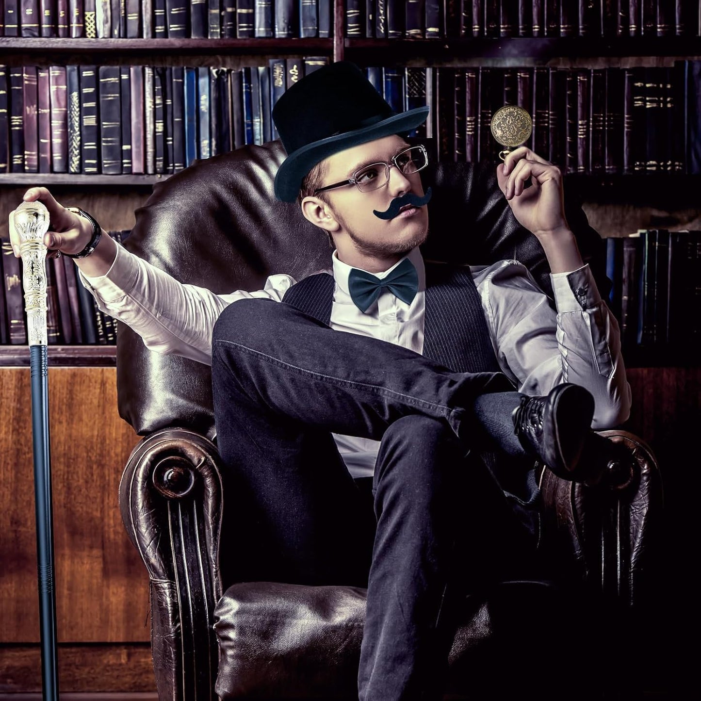 Jadive 6 Pcs 1920s Men Accessories Gentleman Costume Hat Round Head Scepter Magnifying Glass Necklace Bow Tie Gloves Beard