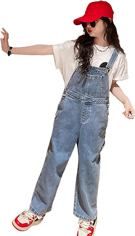 Rolanko Girls Overalls Denim Bib Distressed Jumpsuit Kids Blue Baggy Jean Pants 4-14 Years with Pockets