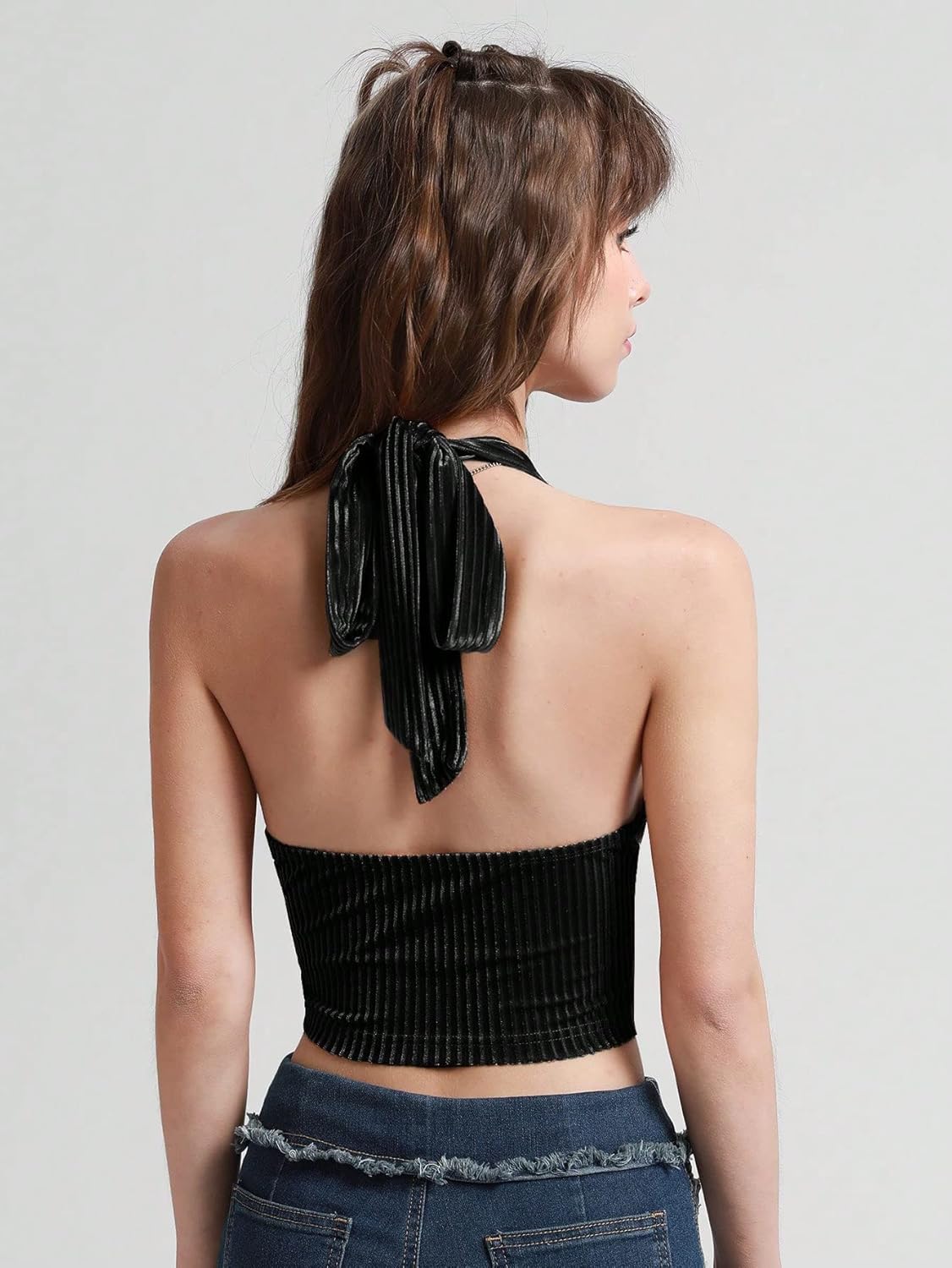 Verdusa Women's Going Out Halter Corset Tops Sleeveless Lace Up Open Back Crop Top