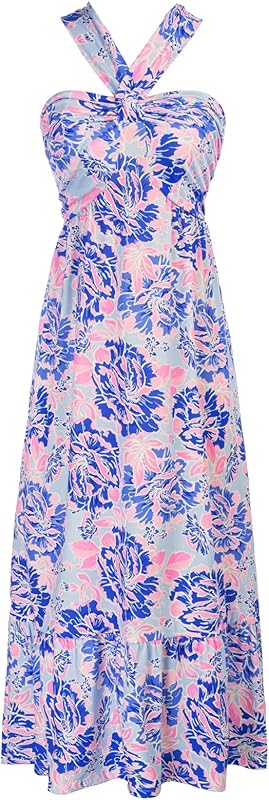 GRACE KARIN 2025 Women's Criss Cross Halterneck Sleeveless Summer Floral Print Flowy A Line Maxi Dress