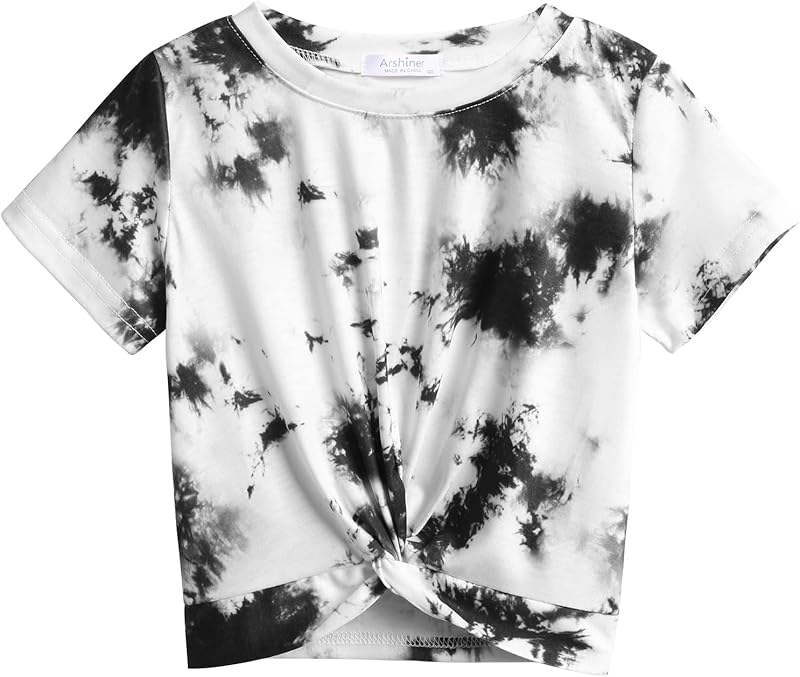 Arshiner Girls T-Shirts Twist Front Kids Summer Printed Round Neck Short Sleeve Tops Casual Fashion Tee Shirt for Girls 5-12 Years