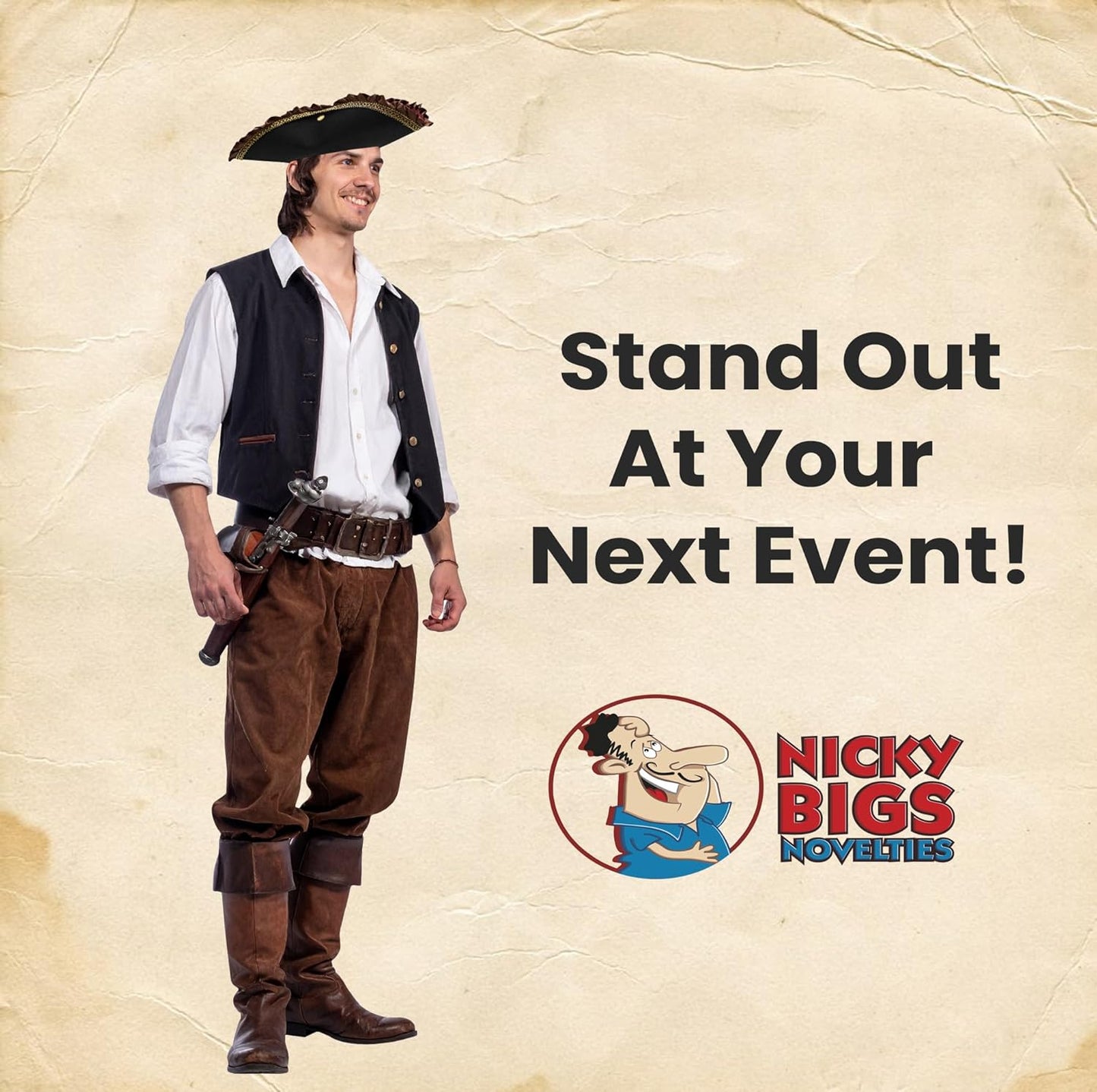 Nicky Bigs Novelties Adult Deluxe Black Tricorn Tricorner Pirate Hat Buccaneers Cap Costume Accessory