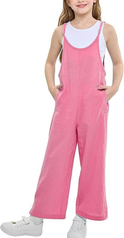 Rolanko Girls Jumpsuit Adjustable Spaghetti Strap Loose Overalls Rompers, Cotton Baggy Plain Playsuits with Pockets for Age 5-12 Years