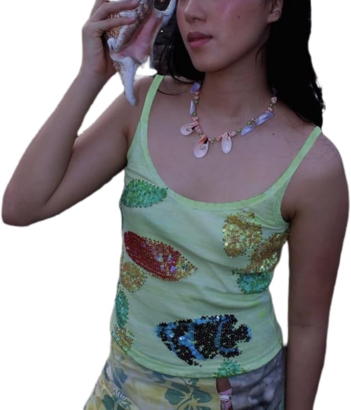 Women Y2K Sequin Cami Top Sexy Sparkly V Neck Tank Top Backless Glitter Crop Tops Floral Rhinestone Clubwear