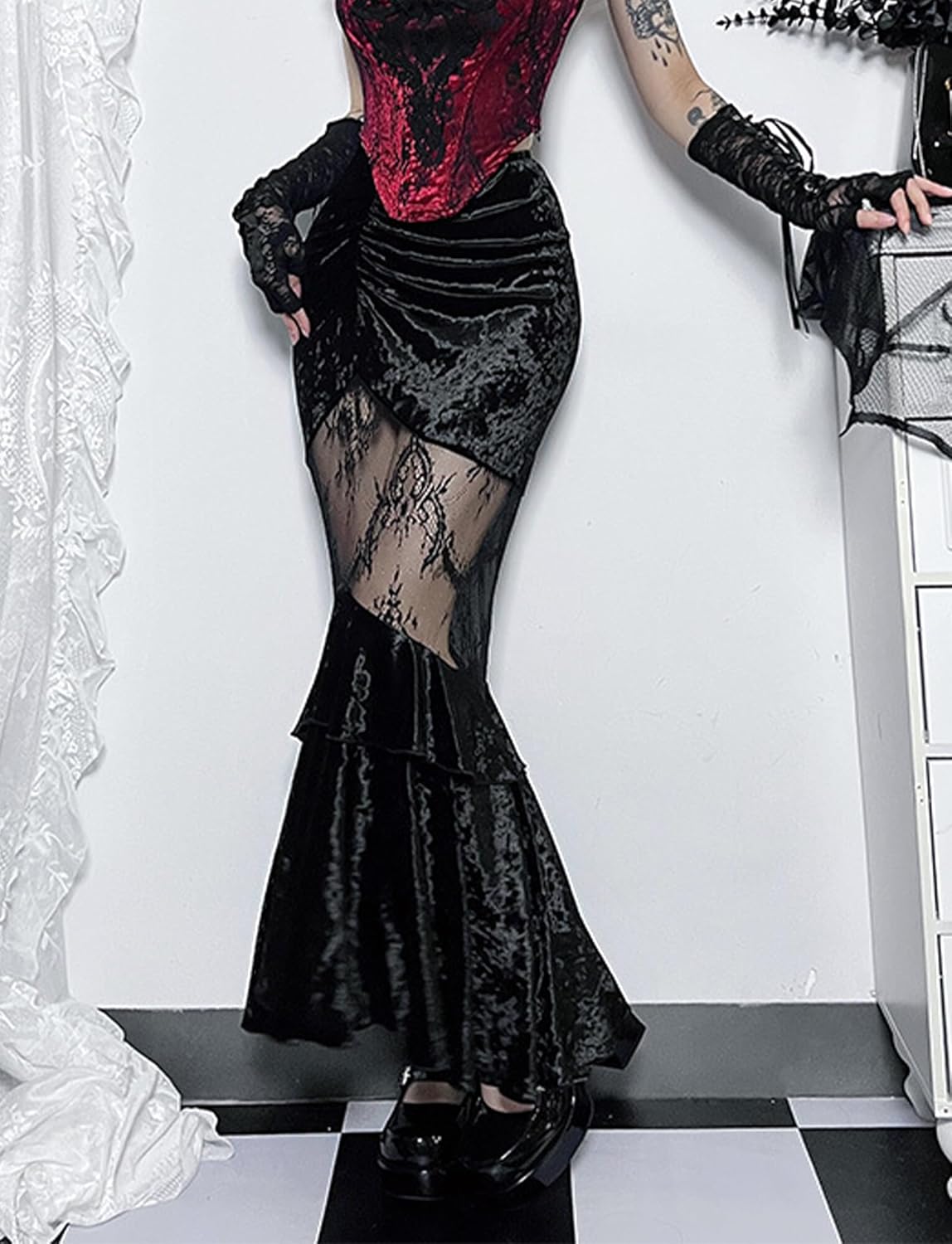 FEOYA Gothic Mini/Long Skirt for Women Sexy Pleated/Lace/Split/Fishtail Punk Skirt for Halloween/Streetwear/Party/Casual XS-XL