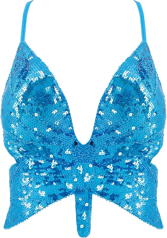 Mocure Womens Glitter Sequin Butterfly Crop Top Low-Cut Tank Top Rave Tube Vest Top for Belly Dance Costume Outfits