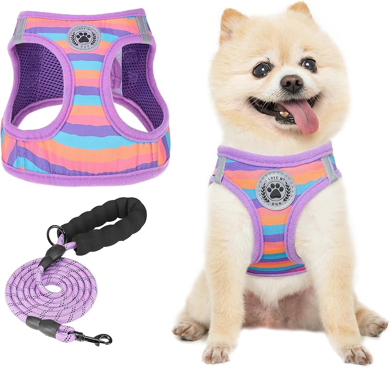 BEAUTYZOO Plaid Dog Harness and Leash Set for XS S Pets, Step-in No Choke No Pull Soft Mesh Vest Harness, Reflective for Extra-Small/Small Medium Puppy Dogs and Cats, Beige S