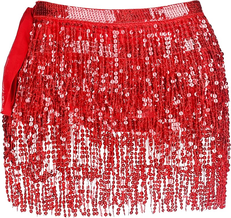 Women Belly Dance Skirt Tassel Fringe Skirts Sparkly Sequin Hip Scarf Party Costume