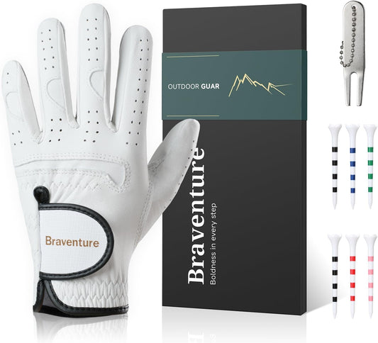 Braventure Kids Golf Glove, Breathable Sheepskin Leather with Good Grip for Right Handed Golfer for Hot and Humid Weather Include Golf Tees & Divot Tool