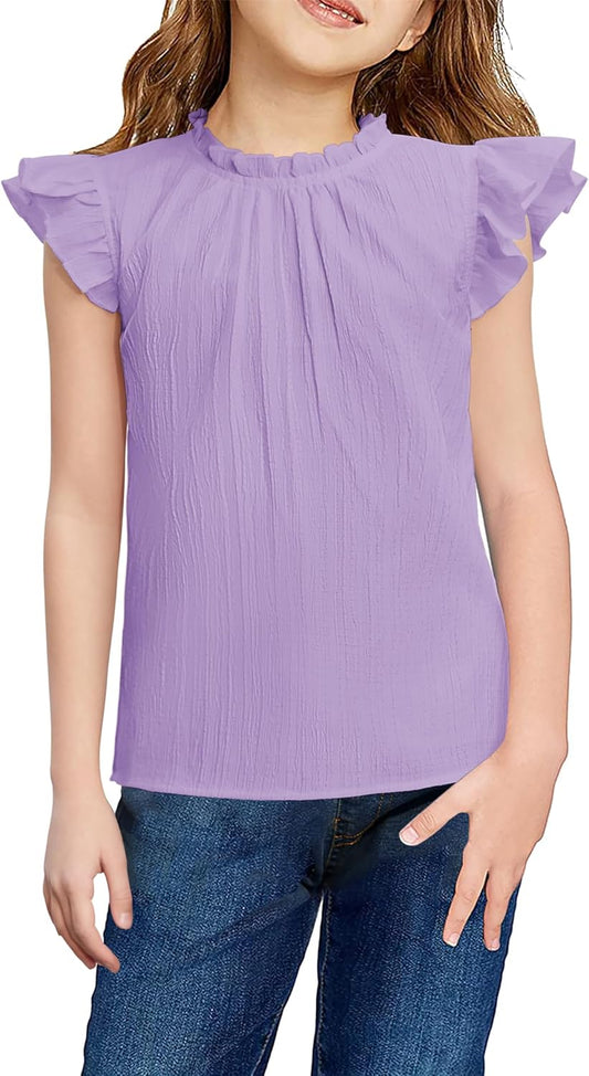 Arshiner Girls Ruffle Short Sleeve Shirts Cute Summer Frill Neck Pleated Textured Blouse Tops