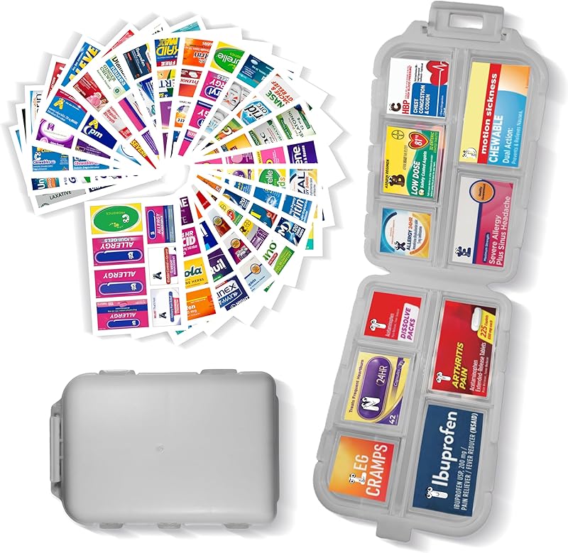 Pill Organizer with Medicine Labels 146 Labels Travel Daily Pill Container Mini Medication Organizer Storage Pill Organizer Travel Essentials Pill Case 7 Day (Purple, 1 Pack(Large))
