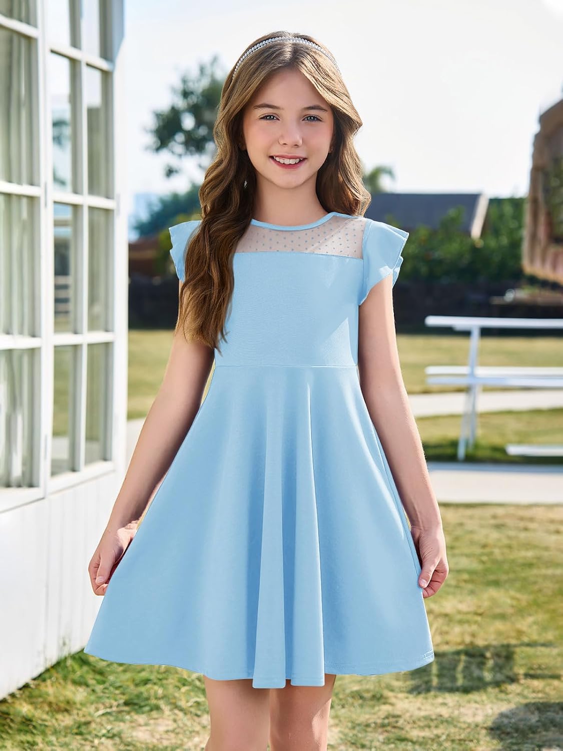 Haloumoning Girls Dress Summer Ruffle Sleeve Mesh A Line Casual Party Dresses with Pockets for Kids 4-14 Years