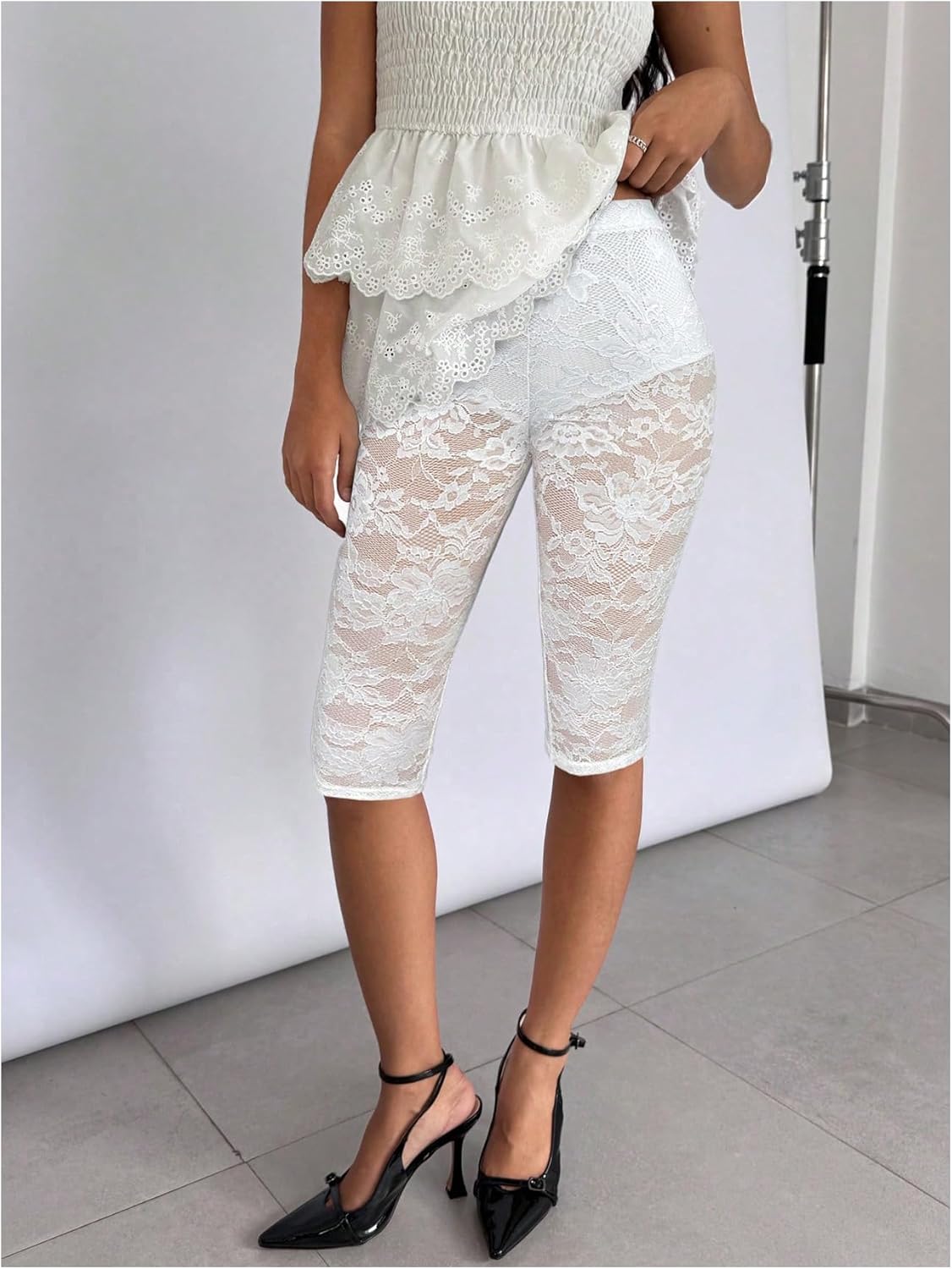 Women's Lace See Through Capri Pants Elastic High Waisted Skinny Leggings Cropped Trousers
