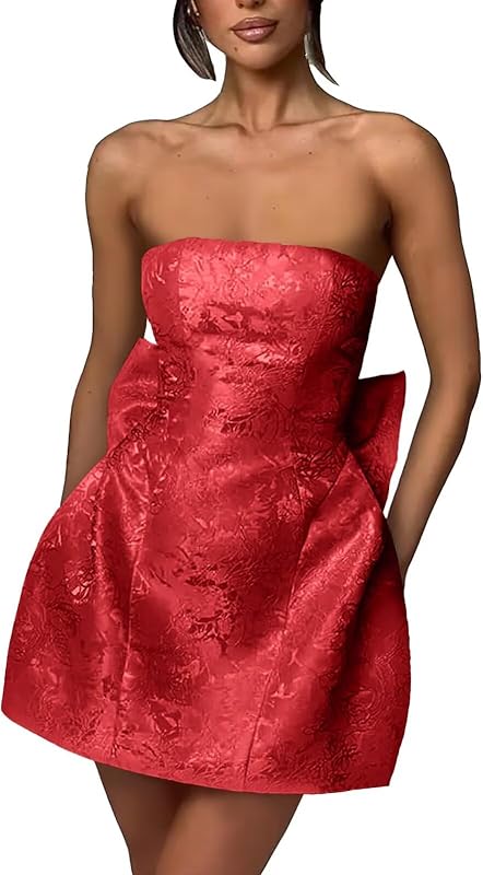 Xijun Short Jacquard Satin Homecoming Dresses for Teens Strapless Embroidery Mini Prom Cocktail Party Gown with Bow