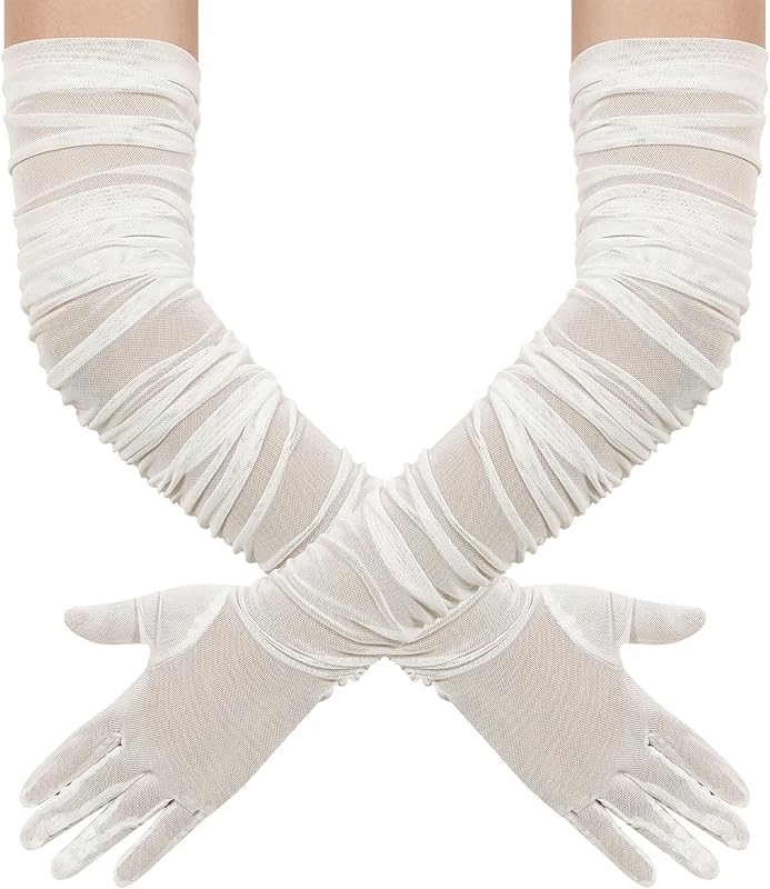 Hazhlko Women's Super Long Stretchy Ruched Mesh Tulle Sheer Gloves Costume Opera Party 1920's Dance Gloves