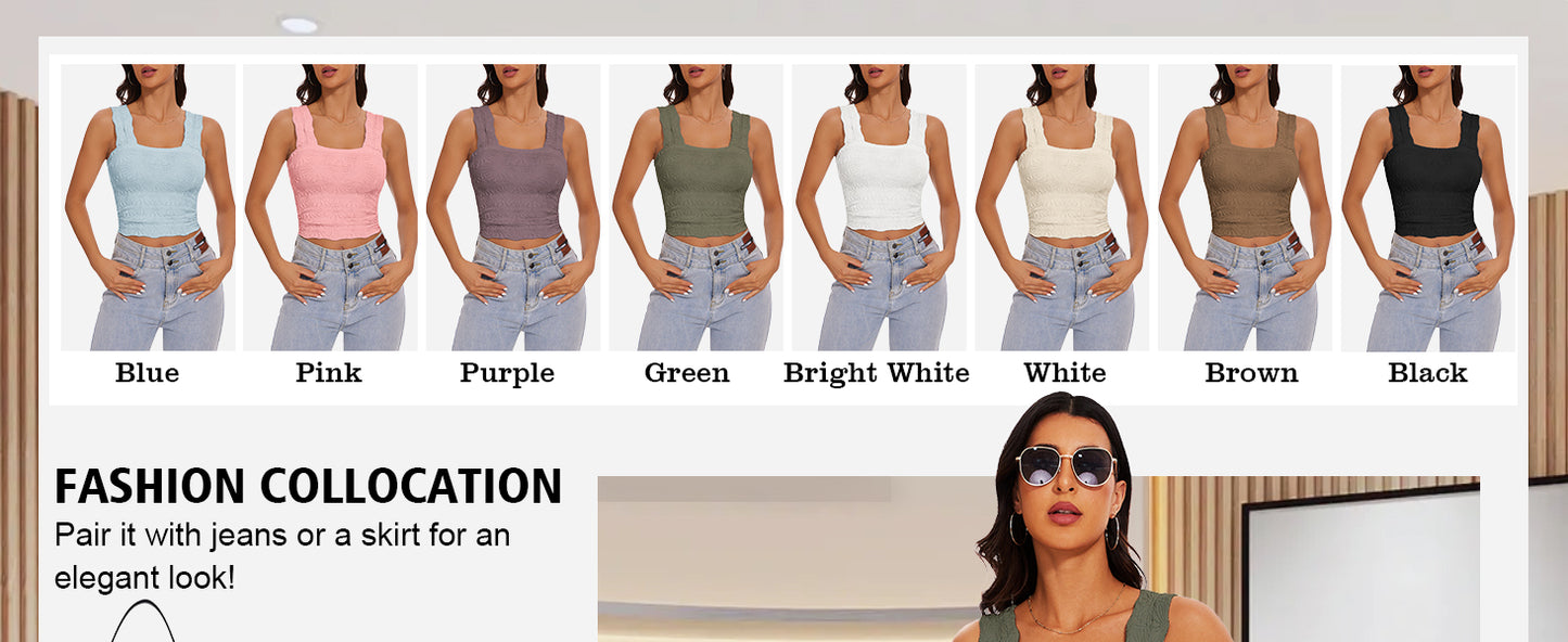 Women's Square Neck Wide Strap Crop Tank Tops Slim Fit Sleeveless Going Out Top Flower Lettuce Trim Cami Tops