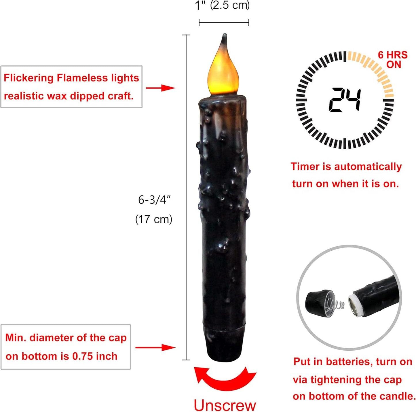 CVHOMEDECO. Real Wax Hand Dipped Battery Operated LED Timer Taper Candles Country Primitive Flameless Lights Décor, 6-3/4 Inch, Matt Black, 3 PCS in a Package
