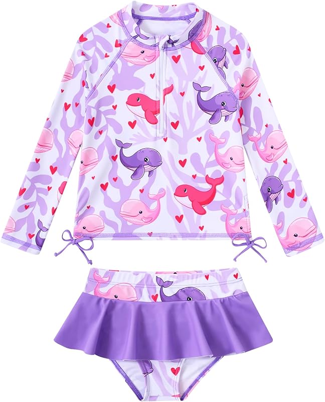 Vieille Toddler Girls Swimsuit 2 Piece Rash Guard Sets Long Sleeve Bathing Suit with UPF 50+ Sun Protection 2-6 Years