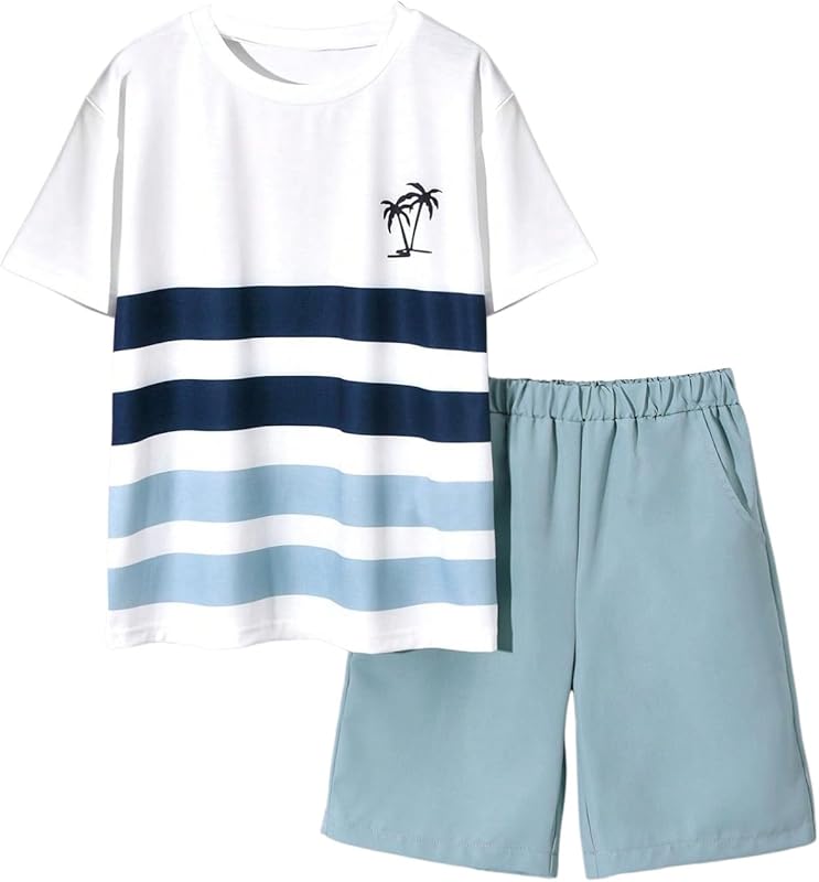 GORGLITTER Boy's Summer Outfits Letter Print Short Sleeve T Shirts Elastic Waist Track Shorts 2 Piece Clothing Set