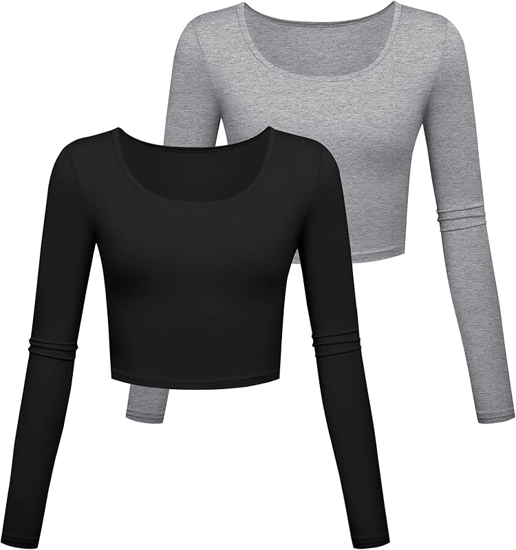 Long Sleeve Crop Tops for Women Workout Basic Clothes for Teen Ladies Fitted Slim Scoop Neck Cute Yoga Shirts