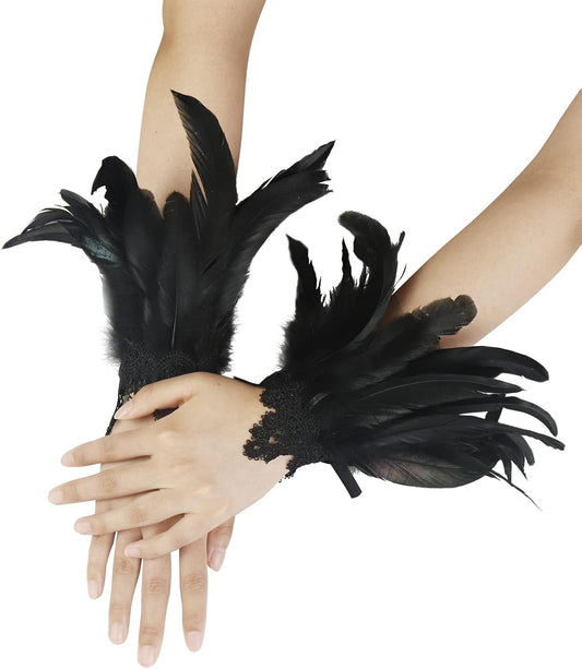 Black Lace Feather Gloves Cuffs for Women Cosplay Costume Accessories with Swan Wrist Bands