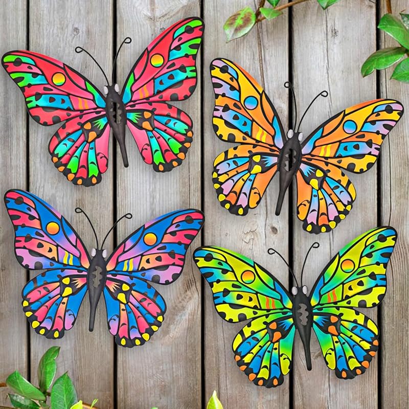 Metal Butterfly Wall Decor - 9.6" Outdoor Fence Wall Art Decor, Hanging Decoration for Garden Yard Living Room Bedroom Patio Balcony(4 Pack)