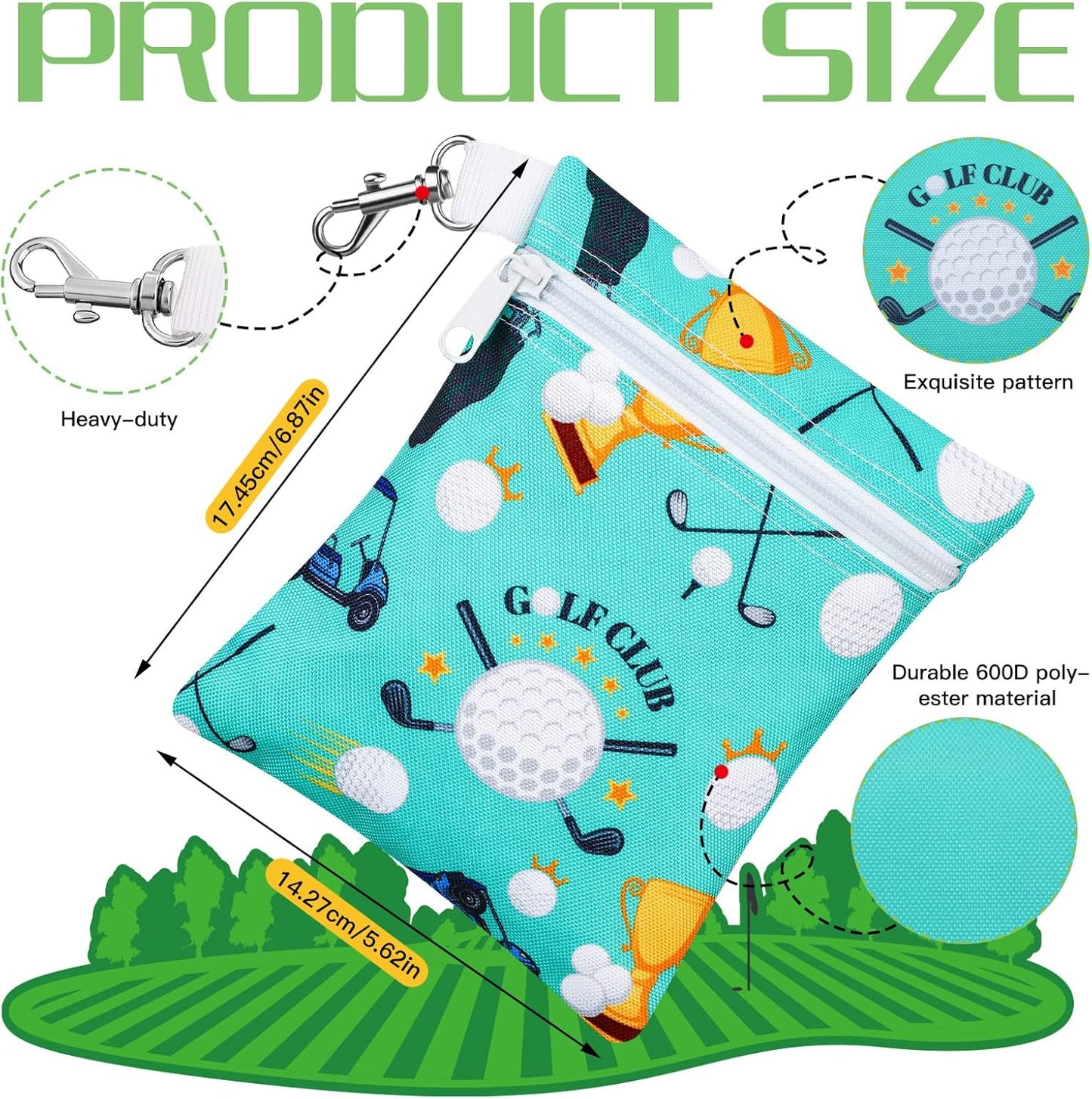 Silkfly 4 Pcs Golf Tee Bag 5.62 x 6.87 Inch Zipper Pouch Tee Holder Pouch with Metal Lobster Claw Clip Gifts Accessories for Men Women Golf Lover Player, 4 Styles(Stylish)