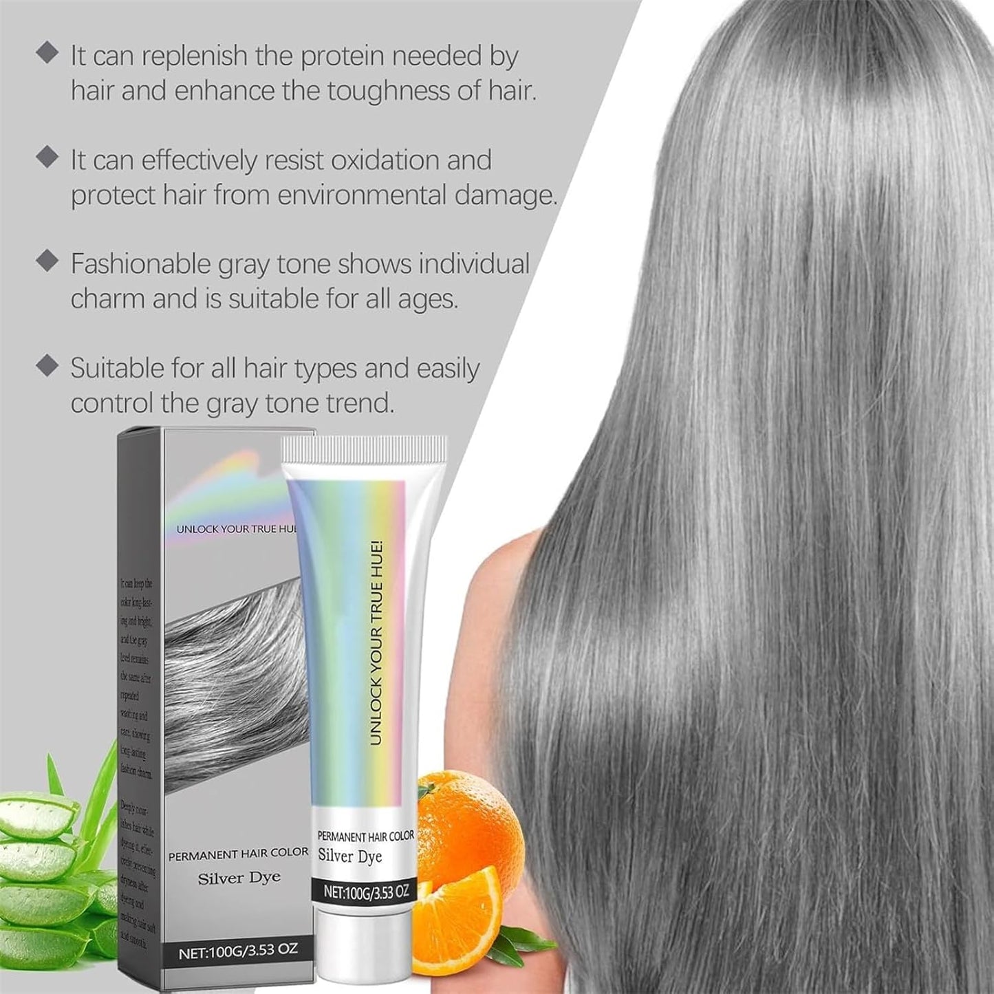 2 in 1 Natural Essence Extract Silver Hair Dye, Silver Metallic Hair Dye, Silver Gray Natural Hair Dye Cream, Fashion Silver Gray Hair Dye Permanent, for All Hair Types (Silver, 1Pcs)