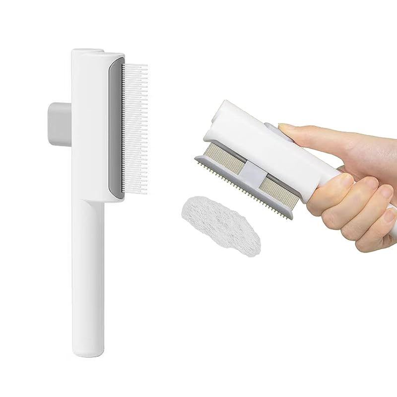 Cat Shedding Comb for Long Haired Cats, Dog Combs for Grooming Matting, Metal Pet Comb for Indoor Cat or Small Dogs, Release Button Self-Cleaning, Long & Short Stainless Steel Metal Teeth, White