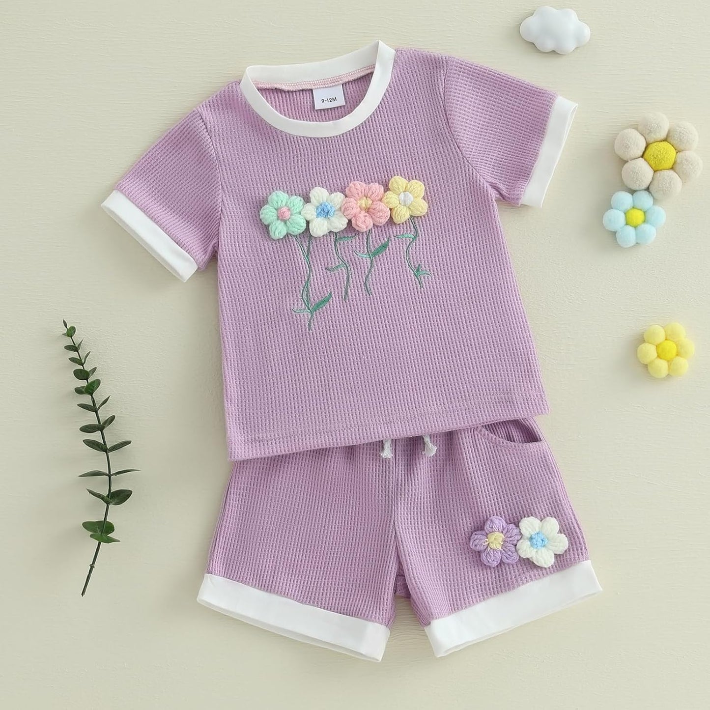 Kayotuas Toddler Baby Girl Summer Clothes 3D Flower Bow Short Sleeve T Shirt Tops Shorts 2Pcs Set Cute Infant Waffle Outfits