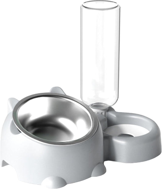 Double Dog Cat Bowls, Pets Water and Food Bowl Set, 15° Tilted Dishes with Water Dispenser, Pet Feeder Bowl Indoor for Kitten, Puppies, Small or Medium Size Dogs Cats (Grey)