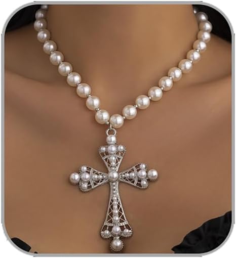 Gothic Cross Necklaces Layered Pearl Beads Cross Pendant Necklaces Punk Vintage Cross Chain Necklace Chunky Cross Necklace Gothic Jewelry for Women