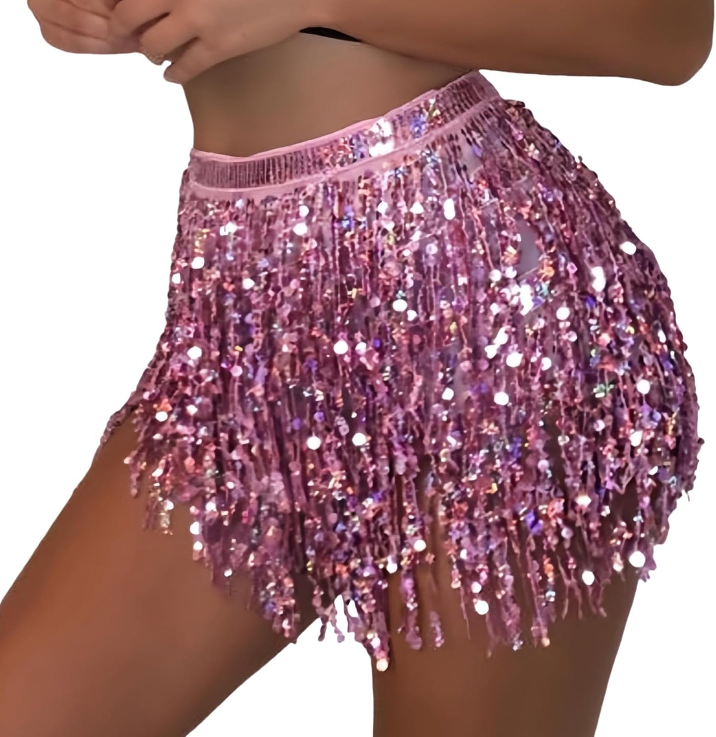 MUNAFIE Sequin Tassel Hip Scarf Sequin Tassel Skirts Rave Fringe Hip Scarf for Festival Belly Dance Skirt