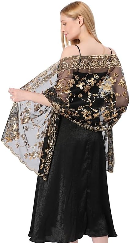 Shawls and Wraps for Evening Dresses,Women Formal 1920s Sequin Flower Sheer Shawls and Wraps for Wedding-