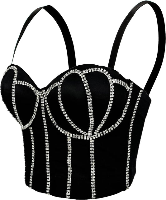 Women's Handmade Rhinestone Diamond Push up Bustier Crop Top Punk Corset Bra Vest With Detachable Strap