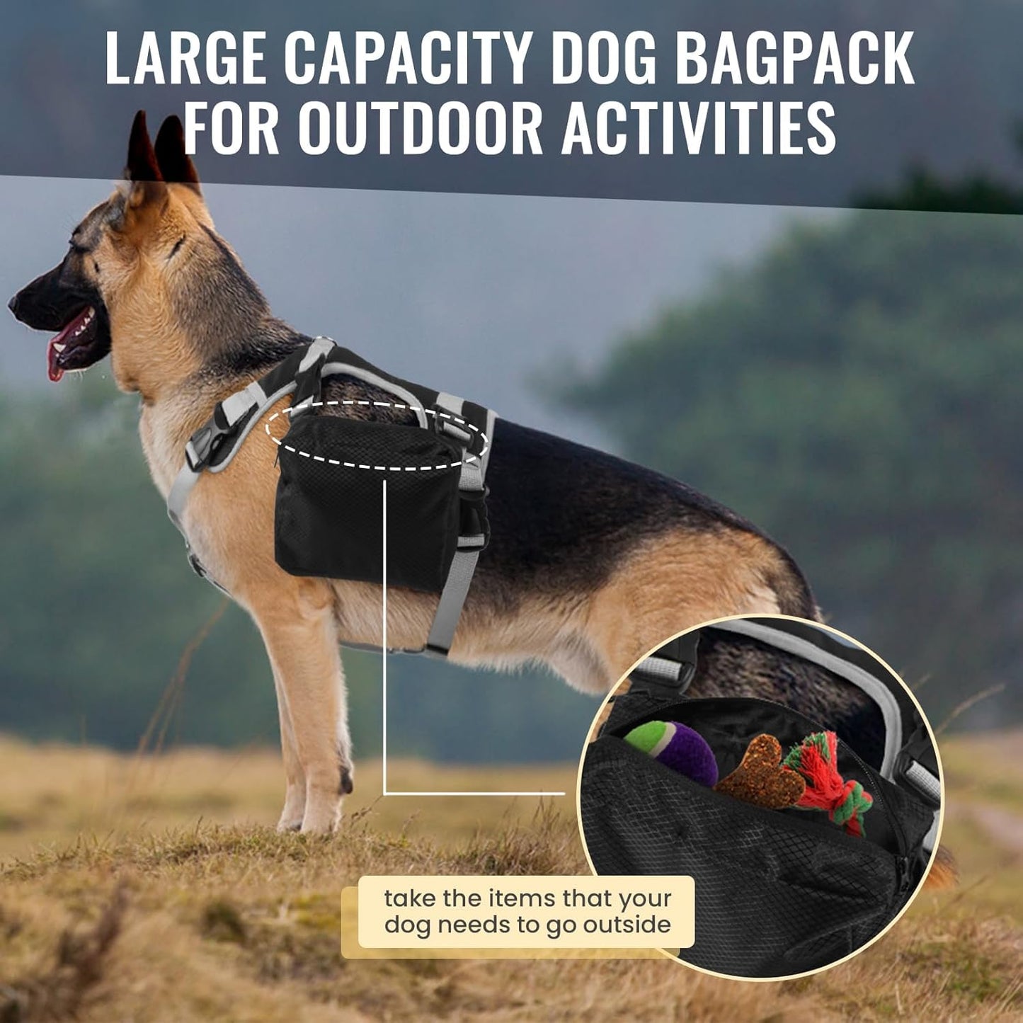 DORA BRIDAL Dog Backpack for Medium & Large Dogs, Dog Backpack Harness, Dogs Hiking Backpack with Side Pockets, Outdoors Pet Saddle for German Shepherd, Labrador (Black, Large)