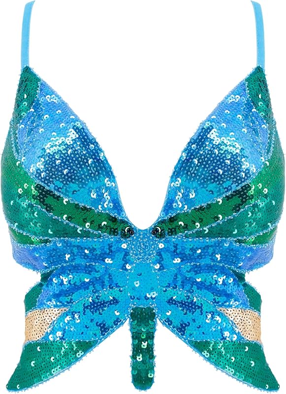 Mocure Womens Glitter Sequin Butterfly Crop Top Low-Cut Tank Top Rave Tube Vest Top for Belly Dance Costume Outfits