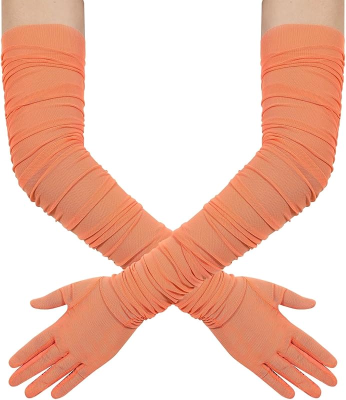 Hazhlko Women's Super Long Stretchy Ruched Mesh Tulle Sheer Gloves Costume Opera Party 1920's Dance Gloves
