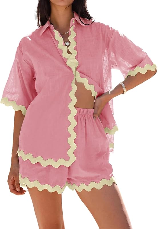 Danedvi Womens 2 Piece Outfits Beach Vacation Summer Short Sleeve Button Down Shirts and Shorts Lounge Sets