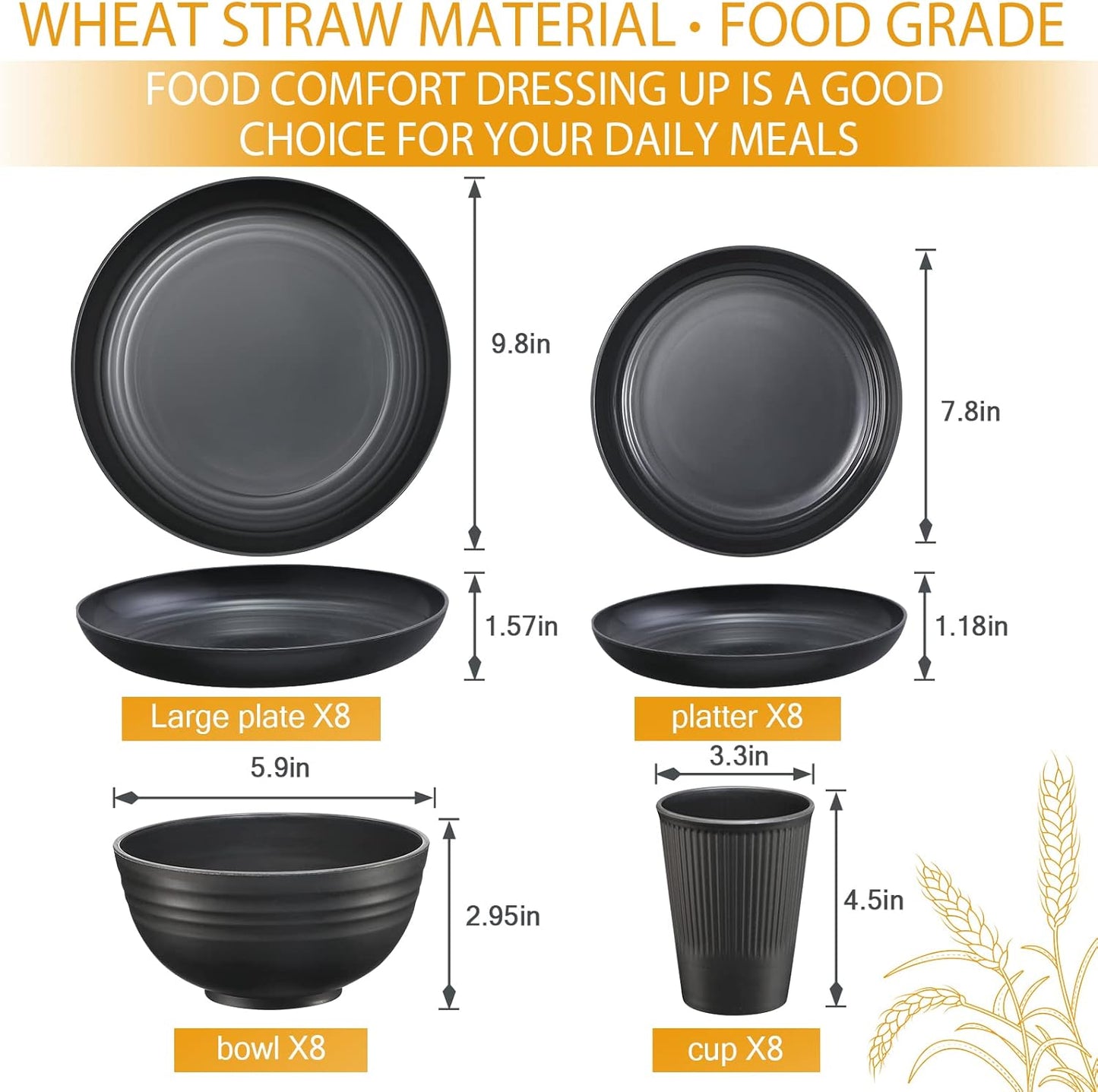 Plates and Bowls Sets for 8, 32-Piece Kitchen Dinnerware Set for 8 Tableware Wheat Straw Dinner Plates, Dessert Plates, Bowls and Cups, Dishes Set for Home Parties Camping - Black