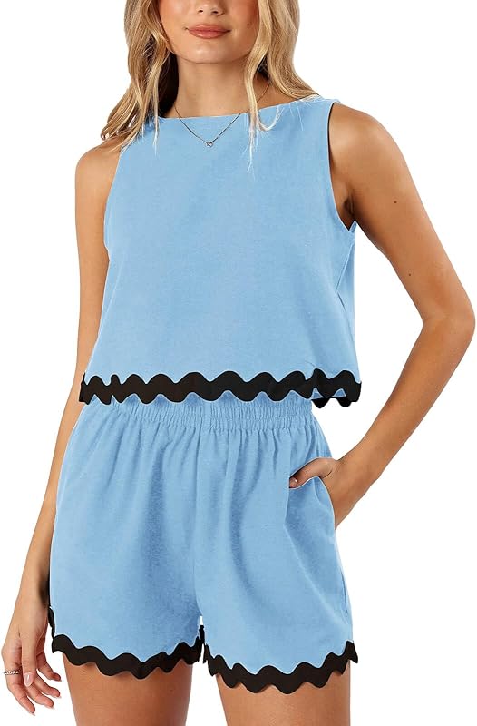 Tankaneo Womens 2 Piece Vacation Outfits Lounge Sets Casual Cropped Tank Tops Shorts Matching Set