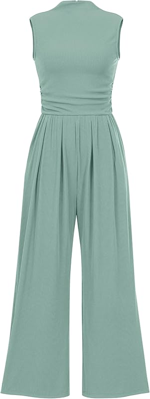 PRETTYGARDEN Womens Summer Jumpsuits Dressy Casual One Piece Outfits Sleeveless Mock Neck Wide Leg Pants Rompers with Pockets