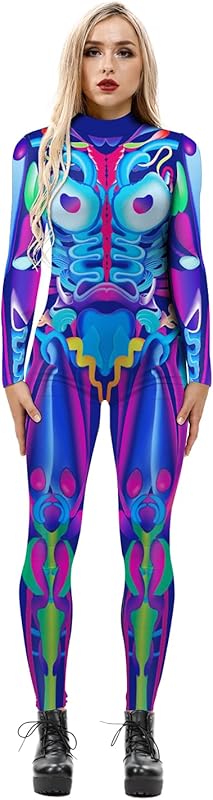 JJEUWE Women's Skeleton Halloween Bodysuit Costume Stretch Skinny Catsuit Jumpsuit